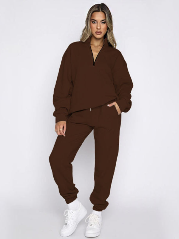 Women's Stand-Up Collar Zipper Sweatshirt & Trousers Loungewear Set - Vibrant Solid Color Comfort Coffee