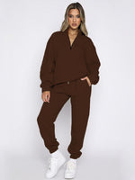 Women's Stand-Up Collar Zipper Sweatshirt & Trousers Loungewear Set - Vibrant Solid Color Comfort Coffee