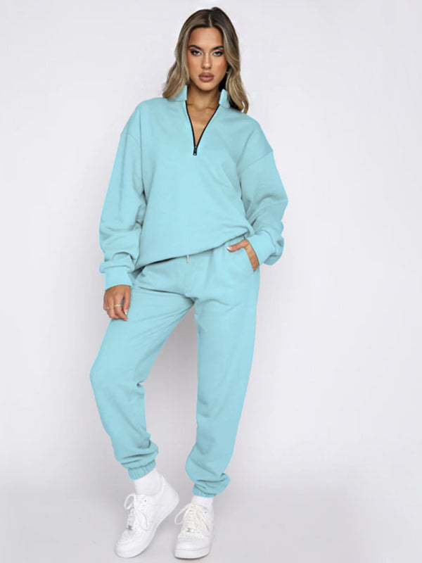 Women's Stand-Up Collar Zipper Sweatshirt & Trousers Loungewear Set - Vibrant Solid Color Comfort Sky blue azure