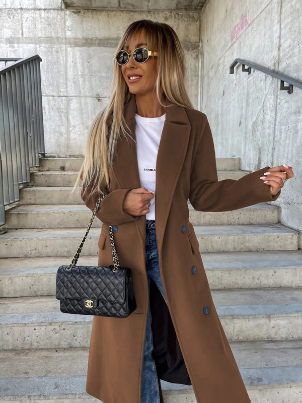 Women's Simple Long-Sleeved Lapel Button Slit Woolen Jacket Brown