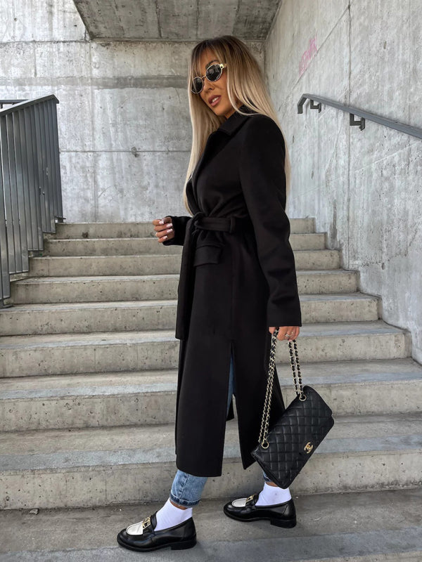 Women's Simple Long-Sleeved Lapel Button Slit Woolen Jacket