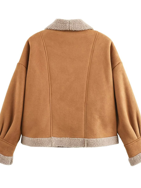 Women's Retro Lapel Loose Faux Suede Shearling Coat in Tan Brown