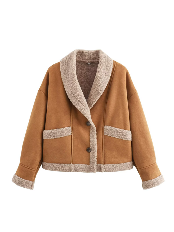 Women's Retro Lapel Loose Faux Suede Shearling Coat in Tan Brown