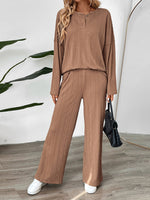 Casual Texture Wide-Leg Pants Two-Piece Round Neck Loungewear Set Coffee