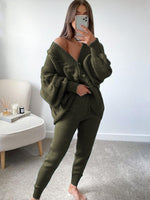 Women's Fashion V-neck Solid Colour Suit Sweater & Knitted Pants Olive green