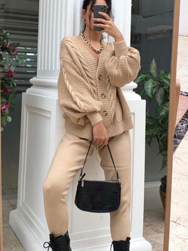 Women's Fashion V-neck Solid Colour Suit Sweater & Knitted Pants Khaki