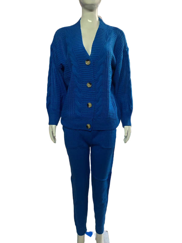 Women's Fashion V-neck Solid Colour Suit Sweater & Knitted Pants