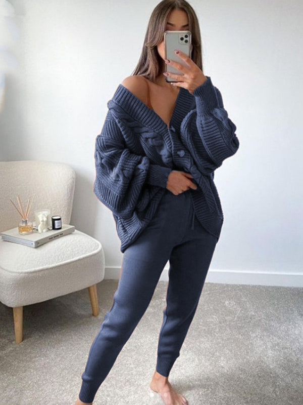Women's Fashion V-neck Solid Colour Suit Sweater & Knitted Pants Royal blue