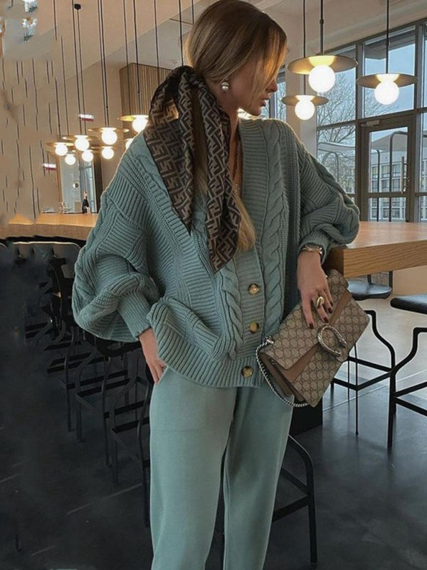 Women's Fashion V-neck Solid Colour Suit Sweater & Knitted Pants Spearmint viridis