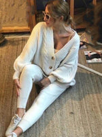 Women's Fashion V-neck Solid Colour Suit Sweater & Knitted Pants White