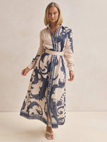 Fashion Print Belted Loose Retro Long Sleeve Midi Dress Beige