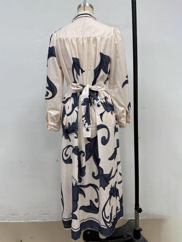 Fashion Print Belted Loose Retro Long Sleeve Midi Dress