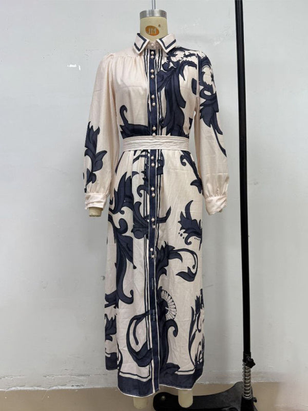 Fashion Print Belted Loose Retro Long Sleeve Midi Dress