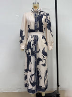 Fashion Print Belted Loose Retro Long Sleeve Midi Dress