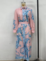 Fashion Print Belted Loose Retro Long Sleeve Midi Dress