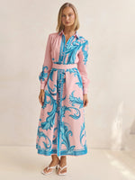 Fashion Print Belted Loose Retro Long Sleeve Midi Dress Pink