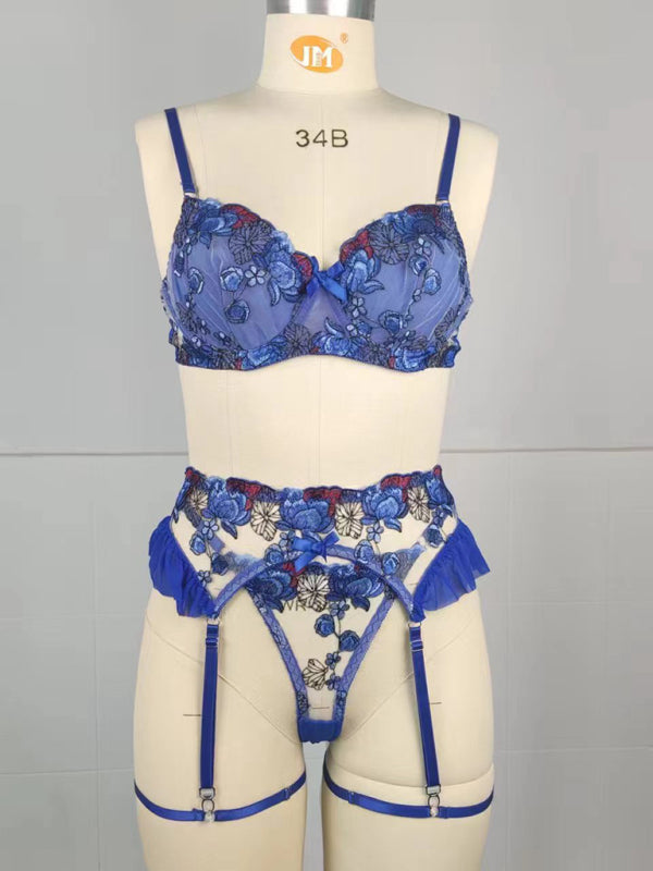 Blue Sexy French Embroidered Lingerie Thong Bra Set