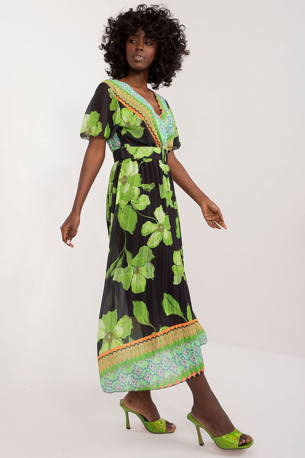 Italy Moda Summer Frilled Daydress Envelope Neckline Pleated Bottom