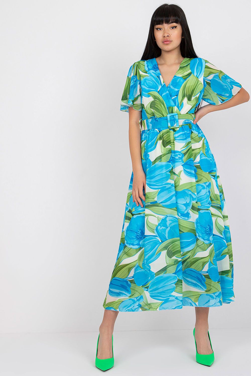 Italy Moda Summer Frilled Daydress with Envelope Neckline blue one-size-fits-all