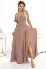 Numoco Jennifer Wrap-Neck Maxi Dress with Butterfly Sleeves beige