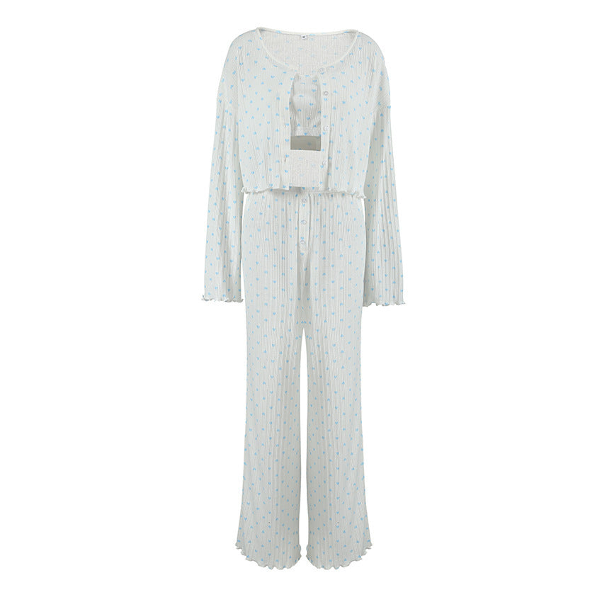 Knitted Heart Print Comfortable Pyjamas Three Piece Set