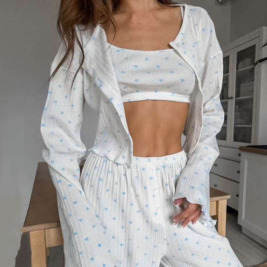 Knitted Heart Print Comfortable Pyjamas Three Piece Set