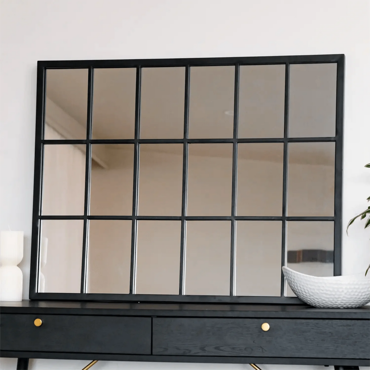 Kyō - Black Metal Rectangle Lattice Window Mirror - 90cm x 70cm