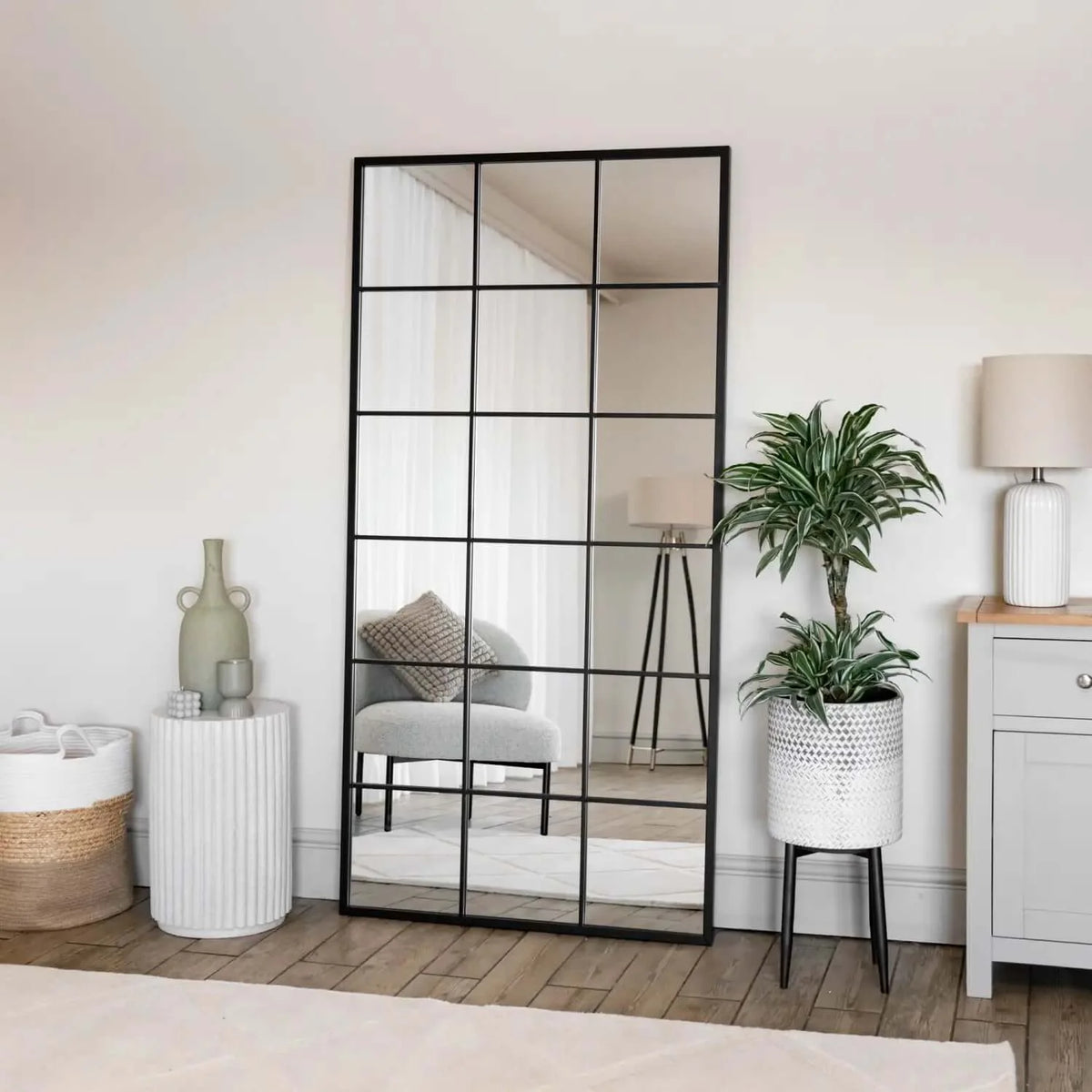 Kyō - Full Length Black Metal Rectangle Lattice Window Mirror - 180cm x 90cm