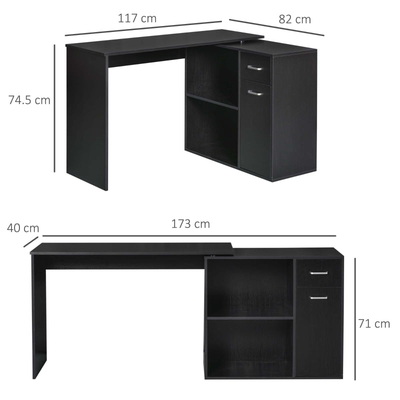 L-Shaped Desk Computer Corner Desk, Adjustable Dining Table with Storage Shelf and Drawer, Workstation for Home Office, Black