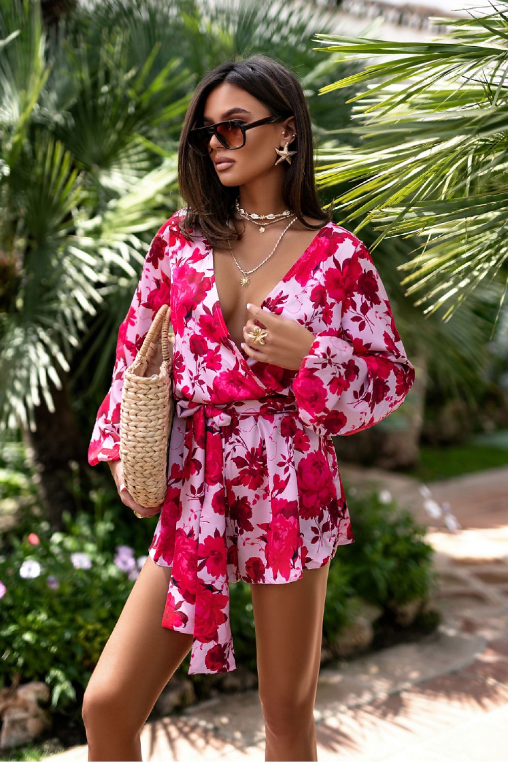 LaBalancia Lightweight Wrap Neckline Puffy Sleeve Jumpsuit multicolor