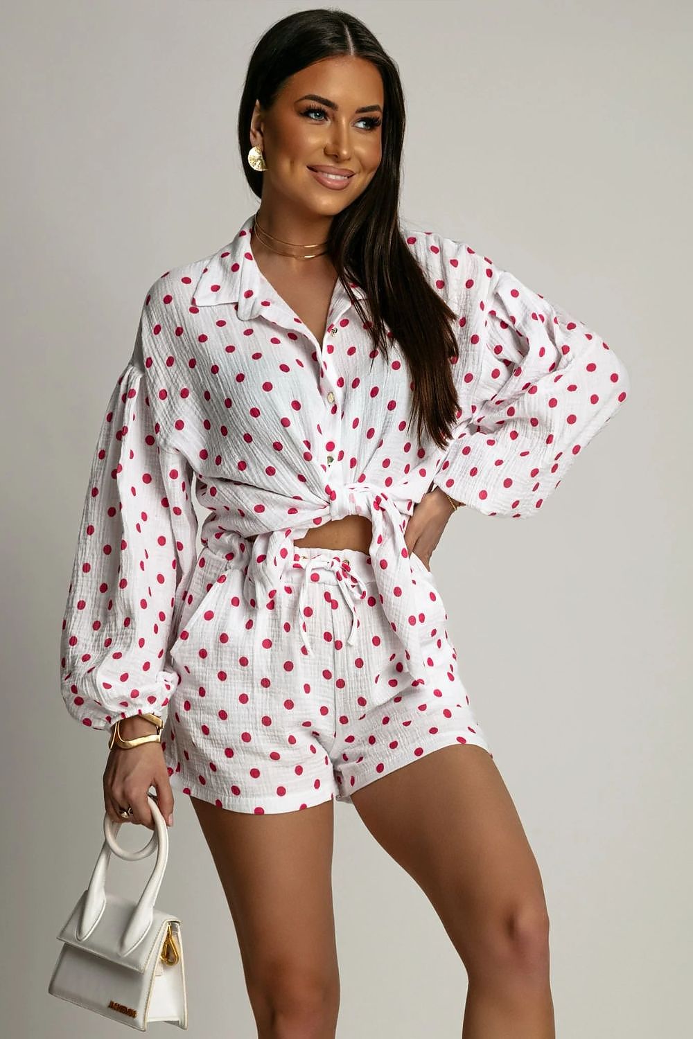 LaBalancia Muslin Button-Up Shirt and High-Waist Shorts Co-Ord Set red
