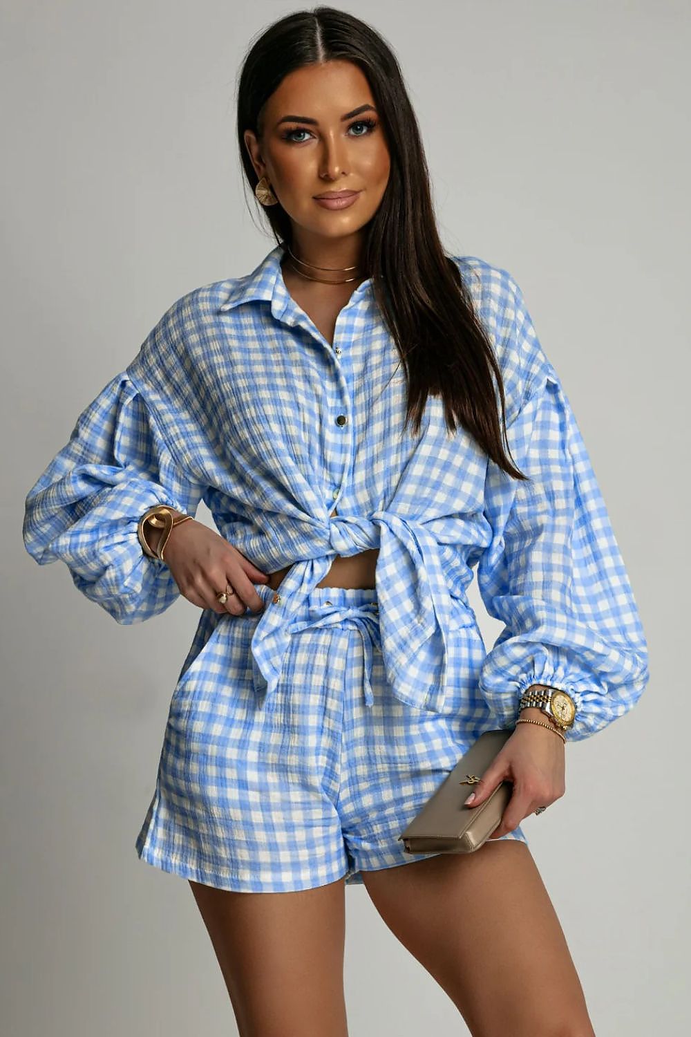 LaBalancia Muslin Button-Up Shirt and High-Waist Shorts Co-Ord Set blue