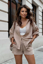 LaBalancia Muslin Button-Up Shirt and High-Waist Shorts Co-Ord Set beige 2