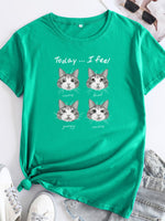Ladies Cute Cat Print Round Neck Short Sleeve T-Shirt | 12 Colours