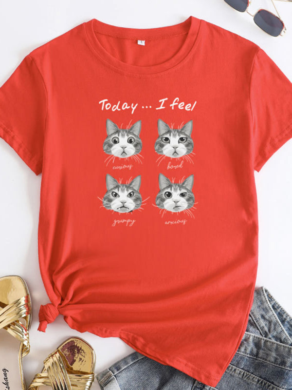 Ladies Cute Cat Print Round Neck Short Sleeve T-Shirt | 12 Colours Orange