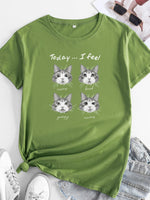 Ladies Cute Cat Print Round Neck Short Sleeve T-Shirt | 12 Colours