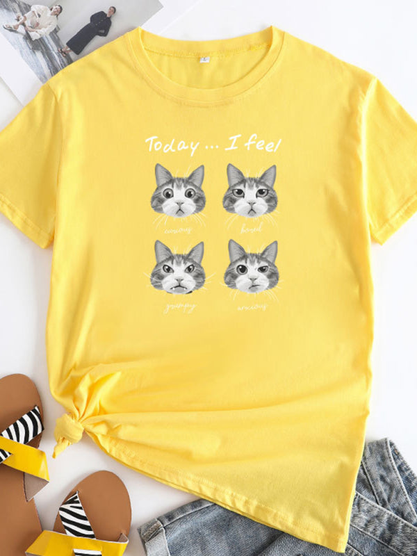Ladies Cute Cat Print Round Neck Short Sleeve T-Shirt | 12 Colours Yellow
