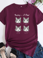 Ladies Cute Cat Print Round Neck Short Sleeve T-Shirt | 12 Colours Wine Red