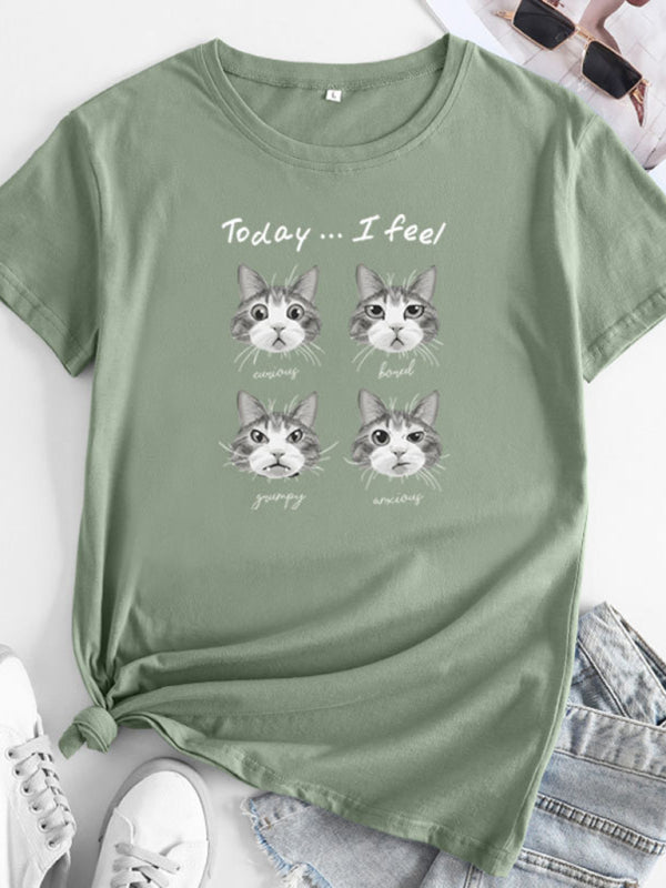 Ladies Cute Cat Print Round Neck Short Sleeve T-Shirt | 12 Colours