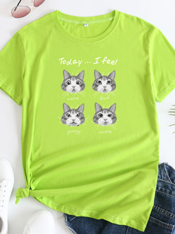 Ladies Cute Cat Print Round Neck Short Sleeve T-Shirt | 12 Colours Chartreuse