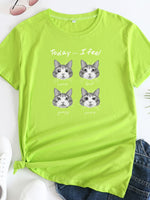 Ladies Cute Cat Print Round Neck Short Sleeve T-Shirt | 12 Colours Chartreuse