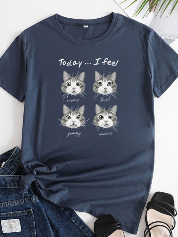 Ladies Cute Cat Print Round Neck Short Sleeve T-Shirt | 12 Colours