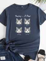 Ladies Cute Cat Print Round Neck Short Sleeve T-Shirt | 12 Colours