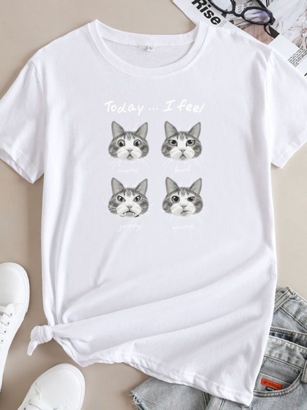 Ladies Cute Cat Print Round Neck Short Sleeve T-Shirt | 12 Colours White
