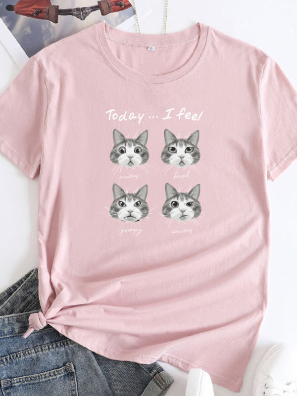 Ladies Cute Cat Print Round Neck Short Sleeve T-Shirt | 12 Colours Pink