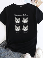 Ladies Cute Cat Print Round Neck Short Sleeve T-Shirt | 12 Colours Black