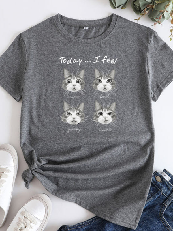 Ladies Cute Cat Print Round Neck Short Sleeve T-Shirt | 12 Colours
