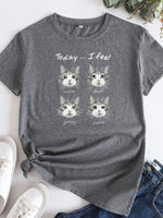 Ladies Cute Cat Print Round Neck Short Sleeve T-Shirt | 12 Colours
