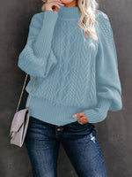 Ladies Mid Collar Loose Long Sleeve Twist Sweater Blue