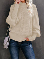 Ladies Mid Collar Loose Long Sleeve Twist Sweater Beige